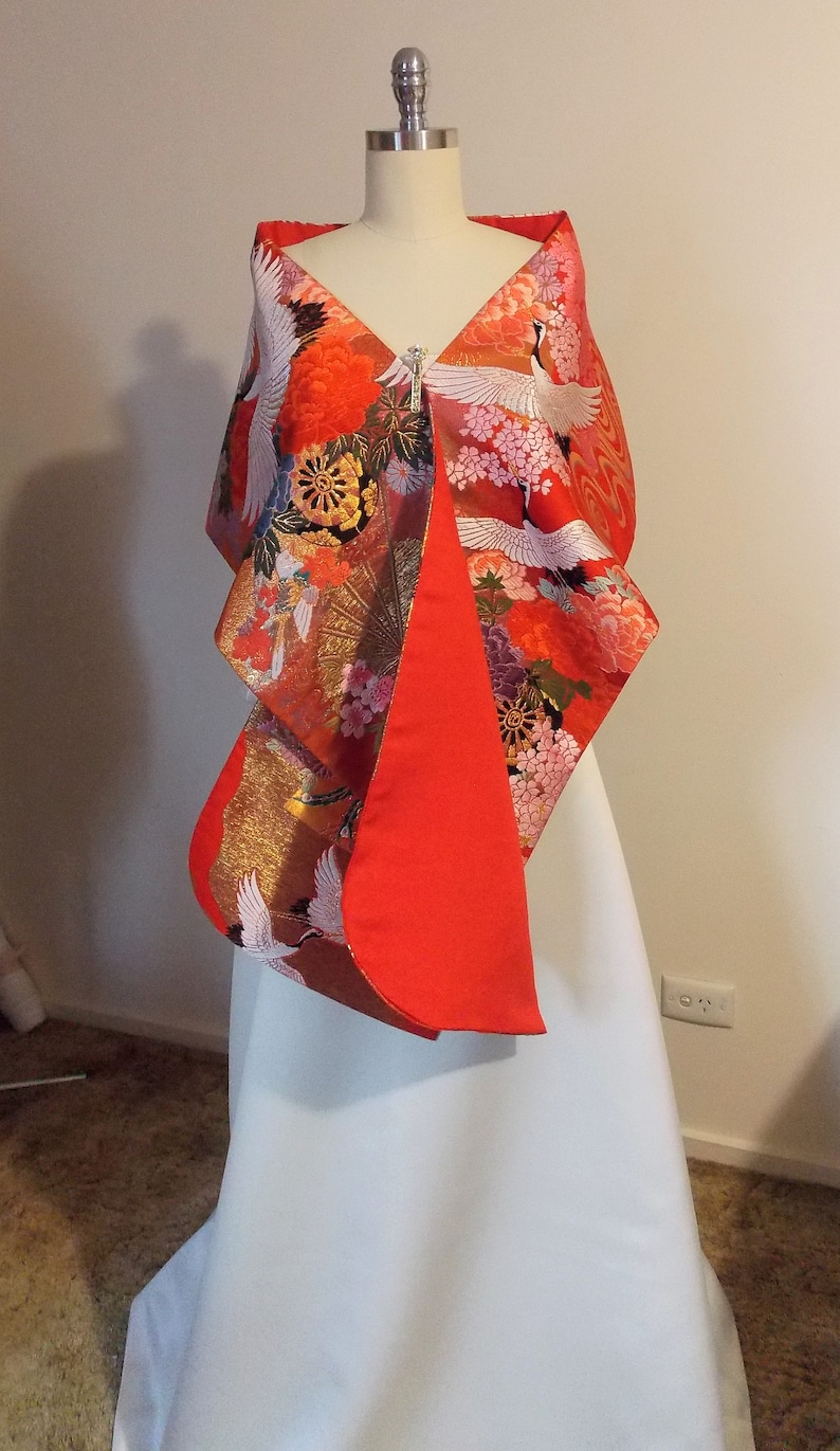 Custom listing for Anna Thank you! KIMONO Shawl Wedding Vintage UCHIKAKE silk gold brocade silver gray white crane peony chrysanthemum plum blossom  size free ready to ship (Copy) main image 1