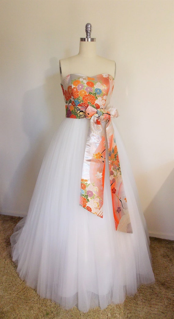 white wedding dress with orange sash KIMONO Tulle Dress Silver Apricot Kimono Top Lace up Tulle Skirt OBI Bow Sash  Wedding Ball Gown Prom Ivory Orange White Crane Made to Order