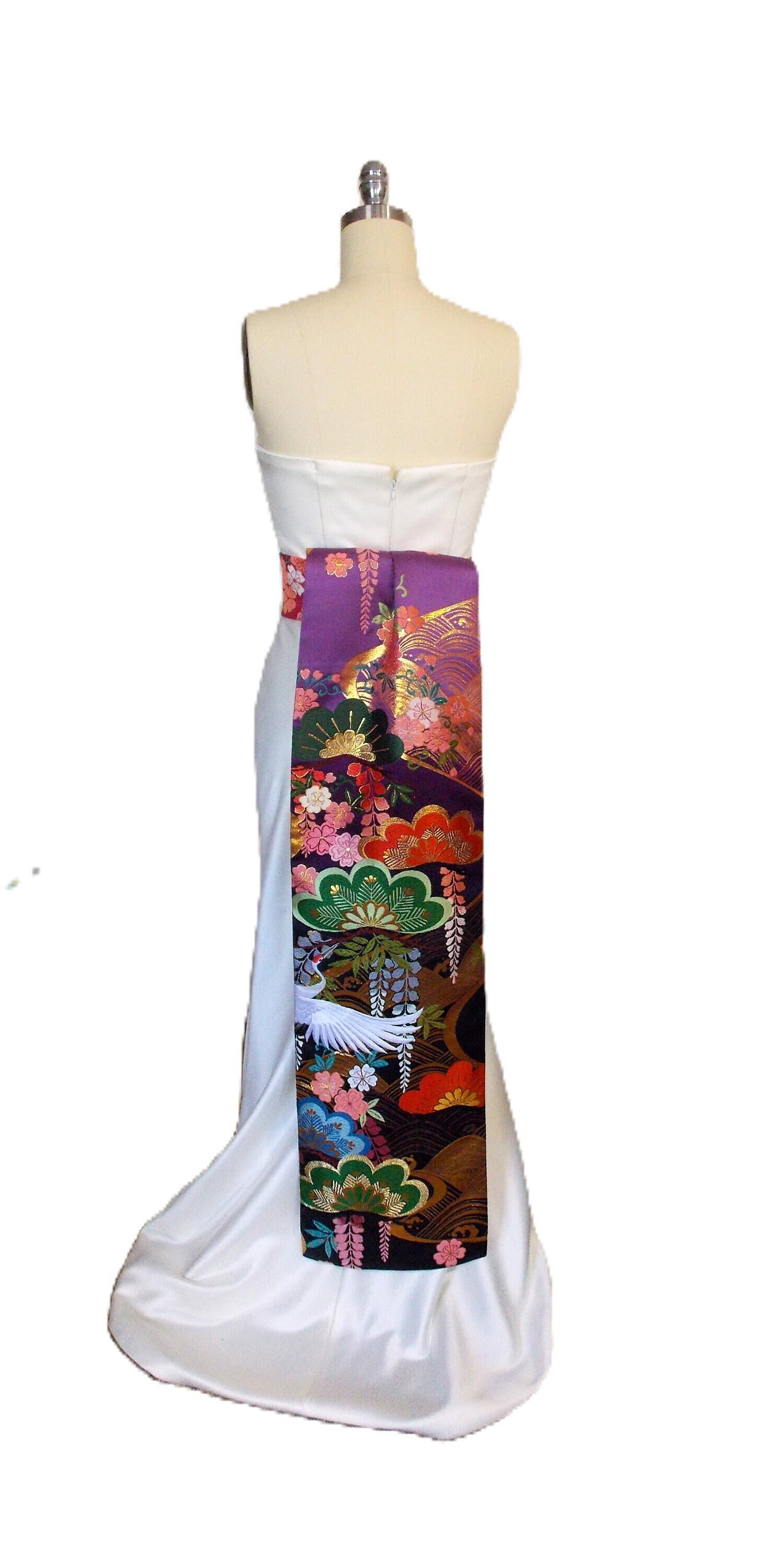 OBI sash long tail pre tied Vintage UCHIKAKE silk gold brocade lilac lavender pink purple Gold crane sakura cherry blossom ready to ship