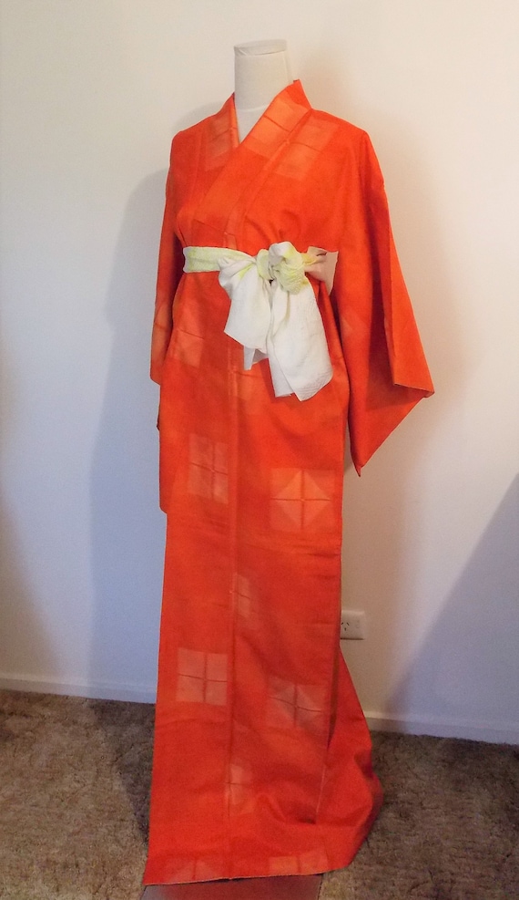 Vintage casual KIMONO silk TSUMUGI orange hand wov