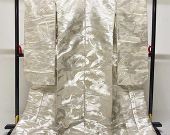 UCHIKAKE Wedding Kimono robe silk gold brocade white platinum silver ivory crane size free Ready to ship