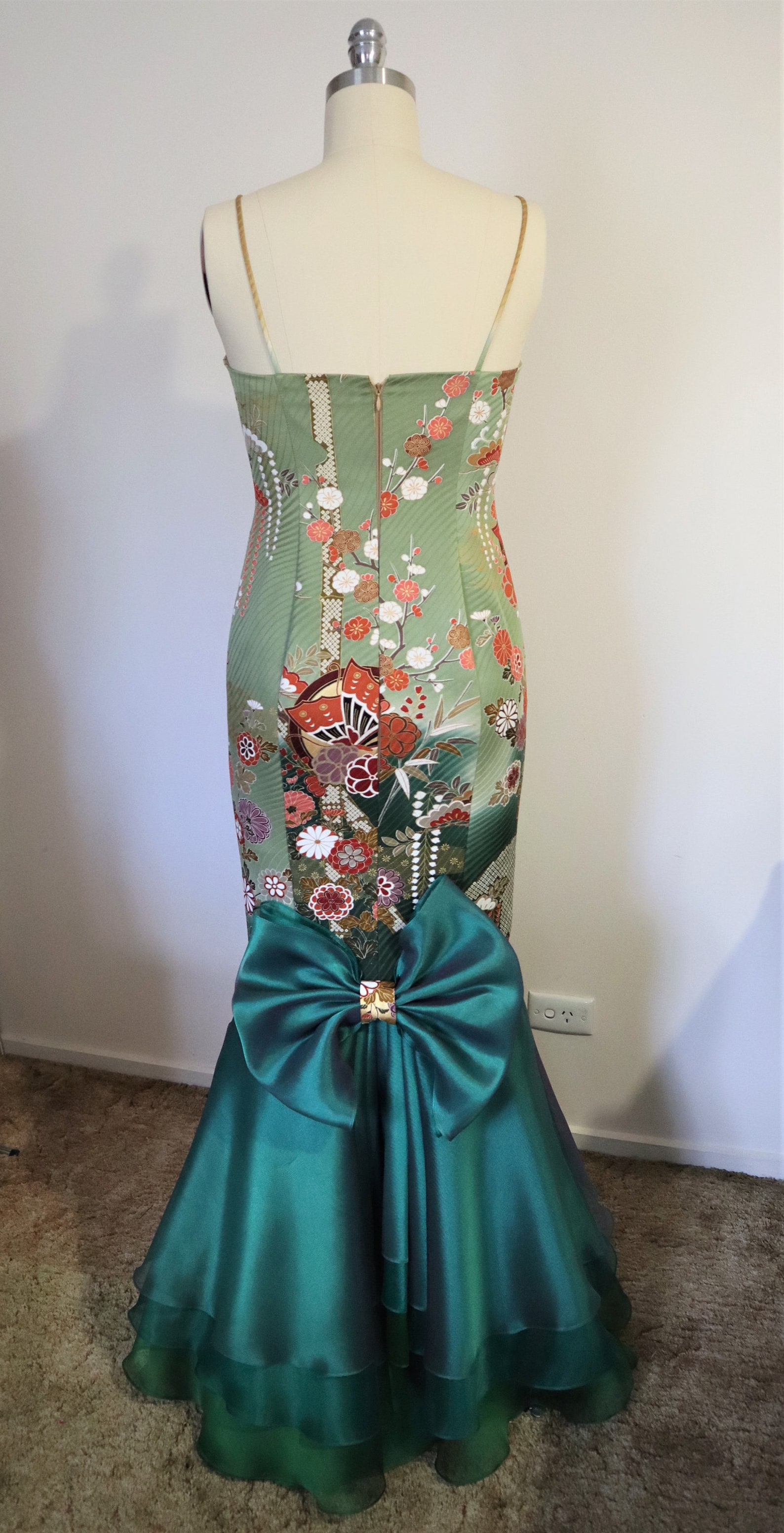 KIMONO dress made with vintage FIRISODE silk satin mermaid mustard gold green organza butterfly plum blossom bamboo size 10 ready to ship