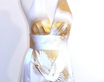 Wedding dress made with vintage bridal KIMONO silk gold brocade mermaid Red white gold crane cherry blossom evening dress Size US4/AU6 ready to ship