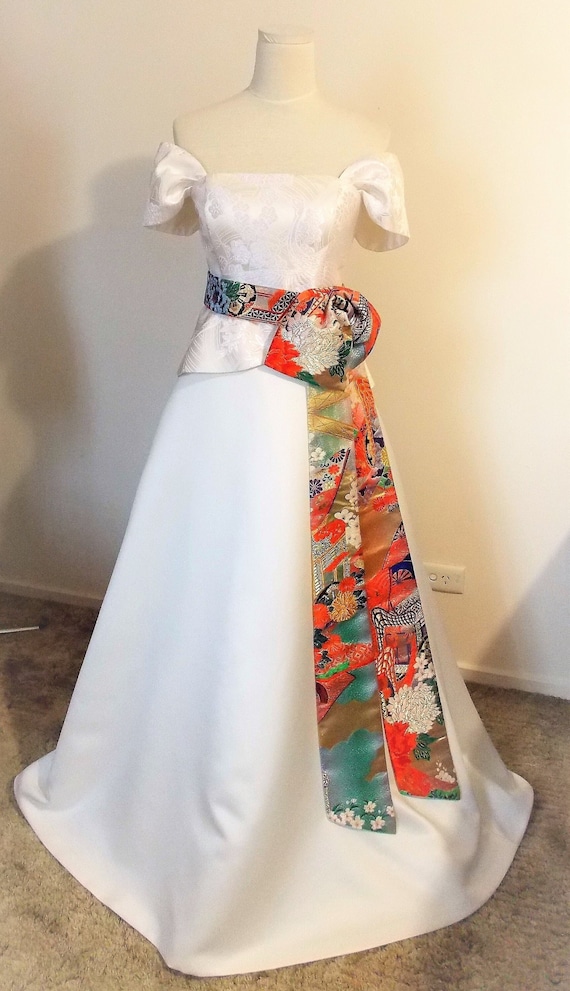 Wedding Dress With Vintage White KIMONO Top OBI Bow Sash Belt Ivory Crane  Chrysanthemum Spring Flower A Line Made to Order - Etsy