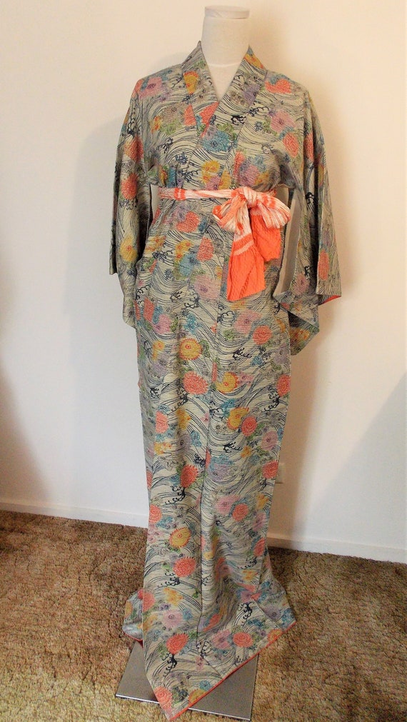 Vintage casual KIMONO TSUMUGI BINGATA hand dyed s… - image 1