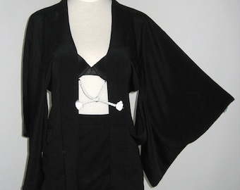 Vintage KIMONO Jacket black silk HAORI Transparent fish size-small Ready to ship