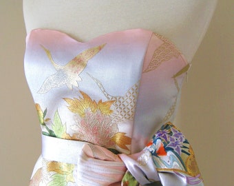 Vestido de novia con top KIMONO vintage, OBI, lazo, faja, cinturón, brocado dorado, grulla, flor de primavera, rosa pastel, azul, crema, corte A, hecho a pedido