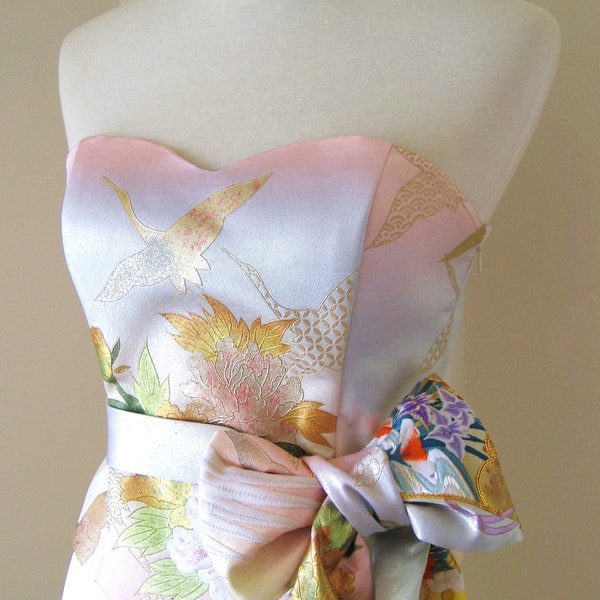 KIMONO wedding dress top bustier pastel vintage silk OBI ivory gold brocade multi pastel color motifs Birds flowers size 8 10 ready to ship