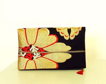 3 ways Vintage KIMONO clutch silk gold brocade OBI black red gold butterfly casual formal ready to ship