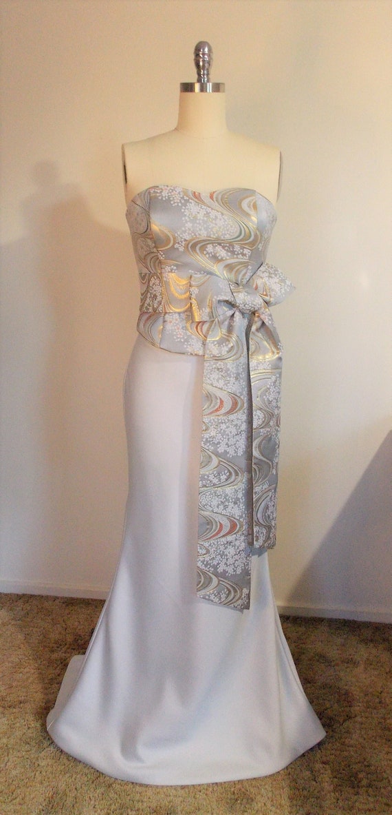 KIMONO dress Gray Kimono top Sakura cherry blossoms silver gray Gold water flow slender mermaid size US-8 ready to ship