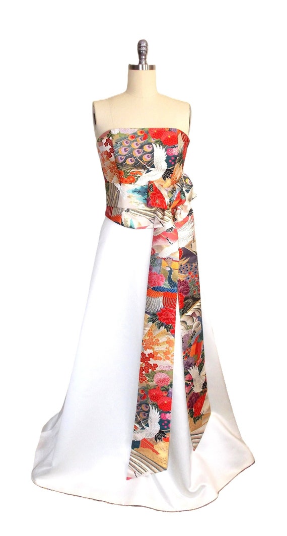 KIMONO Dress Top Bustier Lace up Back Vintage Silk Ivory UCHIKAKE  Multicolor Motifs Gold Brocade Crane Peacock Size 8 10 Ready to Ship - Etsy