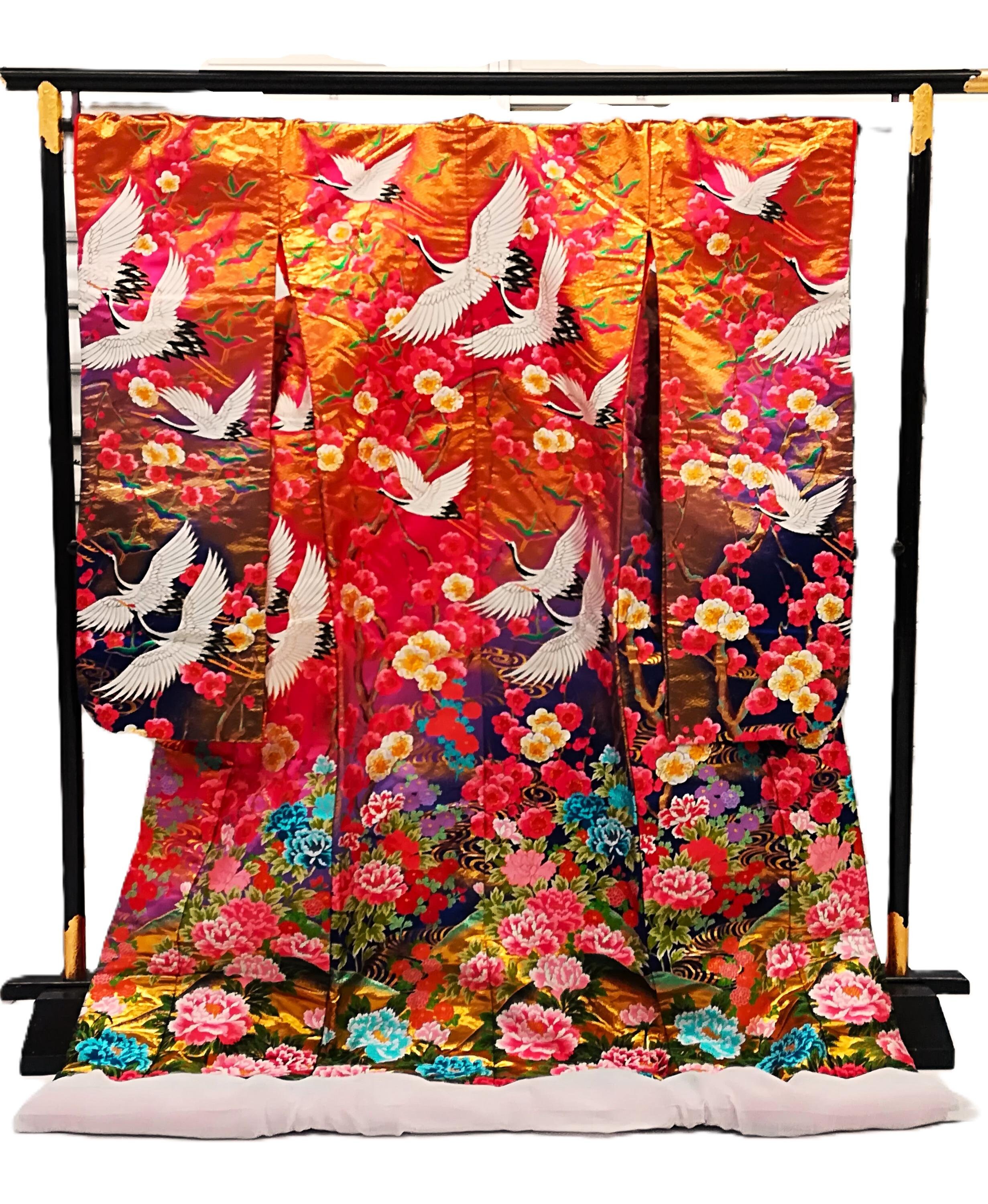 UCHIKAKE Wedding Kimono robe silk gold brocade pink fuchsia lavender indigo gold gradation crane plum blossom peony size free Ready to ship