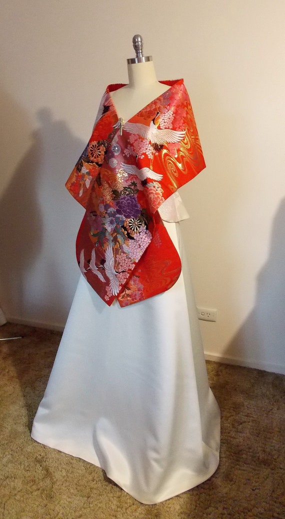 着物 ショール 結婚式 ヴィンテージ 打掛 シルク 金襴 赤 金 ピンク 桜 