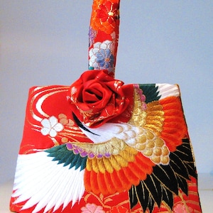 Wedding Purse vintage KIMONO crane flower red embroidery hand bag