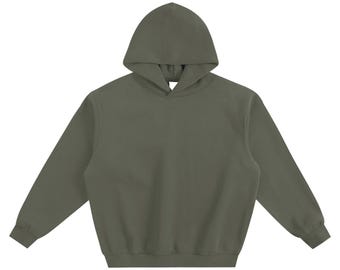 May include: Olive green hoodie with a drawstring hood and long sleeves. The sweatshirt is made of a soft material and has a relaxed fit. A casual, comfortable garment for everyday wear.