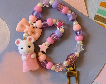 Calico Critter Mouse Keychain: Pink Kandi Bead Charm