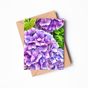 Cartão comemorativo com flor de hortênsia roxa para impressão, cartão em branco, download digital instantâneo, três tamanhos de cartão: 5 x 7 pol, 4 x 6 pol e 4,75 x 4,75 pol.