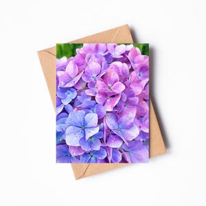 Afdrukbare wenskaart roze hortensiabloem, blanco kaart, direct digitaal downloaden, drie kaartformaten: 5 x 7 inch, 4 x 6 inch en 4,75 x 4,75 inch.