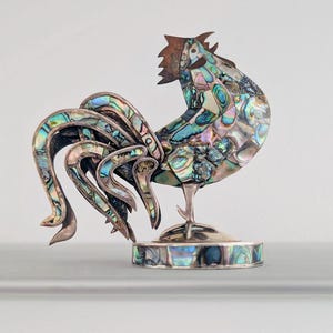 Los Castillo Taxco Rooster, Vintage Mexican Abalone, Silver, and Mixed Metal Decoration