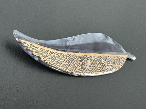 Vintage Lea Stein Grey and Gold Leaf Brooch – French Celluloid Pin
