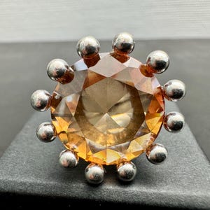 Large Sterling Silver Ring with Orange Spinel, Lui’Ro Vicenza Italy, Vintage Modernist, US 6.25/EU 53