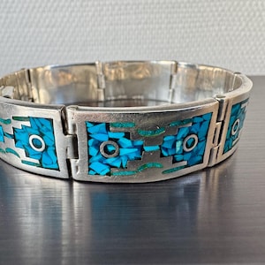 Vintage Taxco Sterling Silver and Turquoise Inlay Link Bracelet Mexico