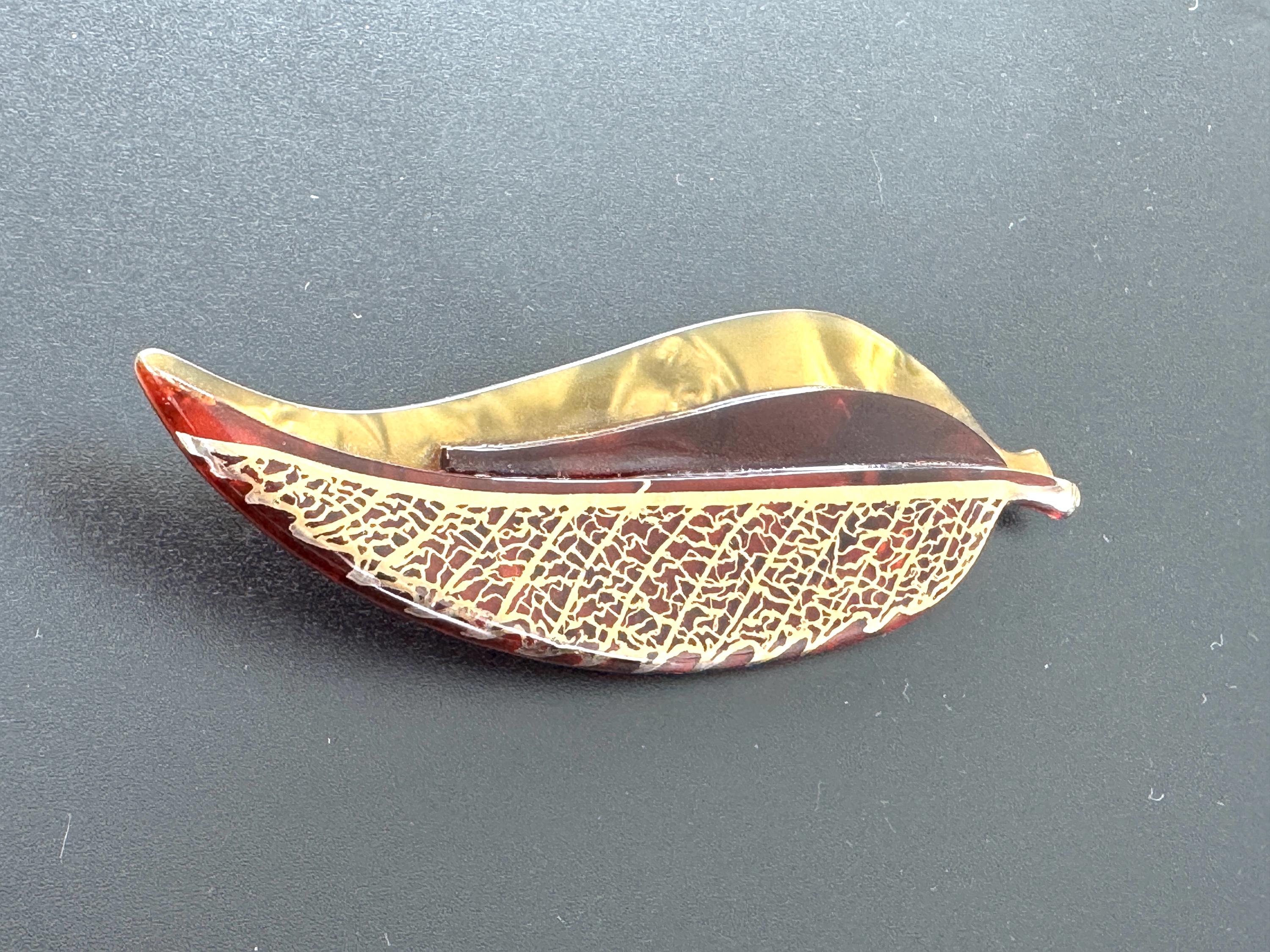 Vintage Lea Stein Red and Gold Leaf Brooch – French Celluloid Pin