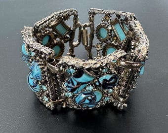 Bracelet et boucles d'oreilles Mid-Century avec strass bleus et perles de lucite, parure vintage