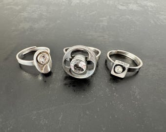 Lot of 3 Karl Laine Modernist Scandinavian Rings, Sterling Silver Rock Crystal, Finland