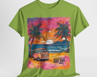 Op de jaren 70 geïnspireerd Good Vibes Only T-shirt, boho retro hippie T-shirt, zonsondergang kleurenpalet top, shirt positieve vibes, vintage groovy shirt, mannen vrouwen