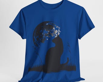 May include: A royal blue t-shirt featuring a black silhouette of a cat sitting under a full moon.
