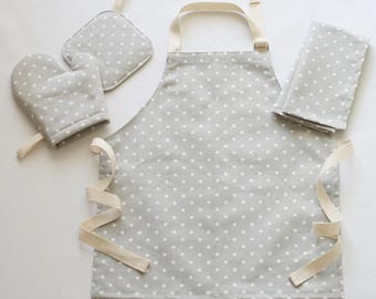 Lt Gray Polka Dot Kids Kitchen Accessories, Child Apron, Pretend Play, Toddler Kitchen Toys, Toddler Chef Gift, Birthday Gift for Kids