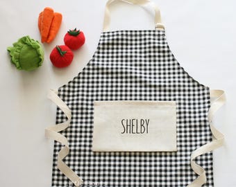 Personalized Kids Apron, Black Gingham Cooking Apron for Child, Custom Name Apron, Toddler Chef Apron, Play Kitchen Gift