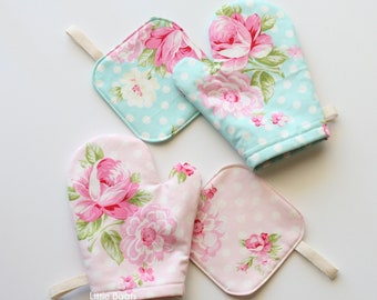 Rose Play Oven Mitt & Pot Holder, Kids Toy Kitchen Accessories, Toddler Kitchen, Pretend Play, Gift for Girl, Kids Room Decor