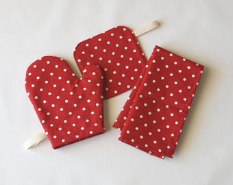 Mini Dot Red White Play Oven Mitt & Potholder, Kids Toy Kitchen Accessories, Pretend Play, Gift for Kids, Kids Room Decor