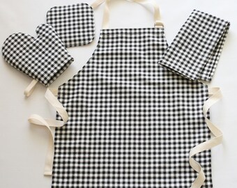 Black Gingham Kids Kitchen Accessories, Child Apron, Pretend Play, Toddler Kitchen Toys, Play Room Decor, Birthday Gift for Kids