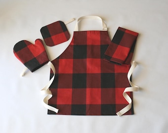 Buffalo Check Red Black Kitchen Toys, Toddler Apron, Pretend Play, Play Kitchen, Kids Cooking Apron, Christmas Gift for Kids