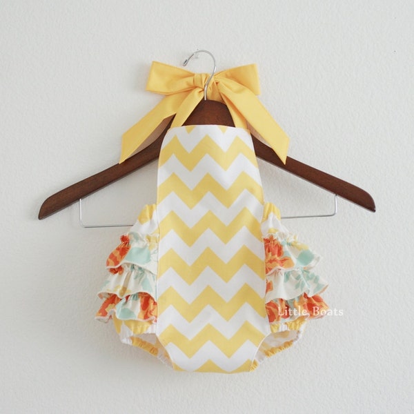 Yellow/White Chevron Retro Style Sunsuit Romper / Size 0-3m, 3-6m, 6-12m, 12-18m and 18-24m