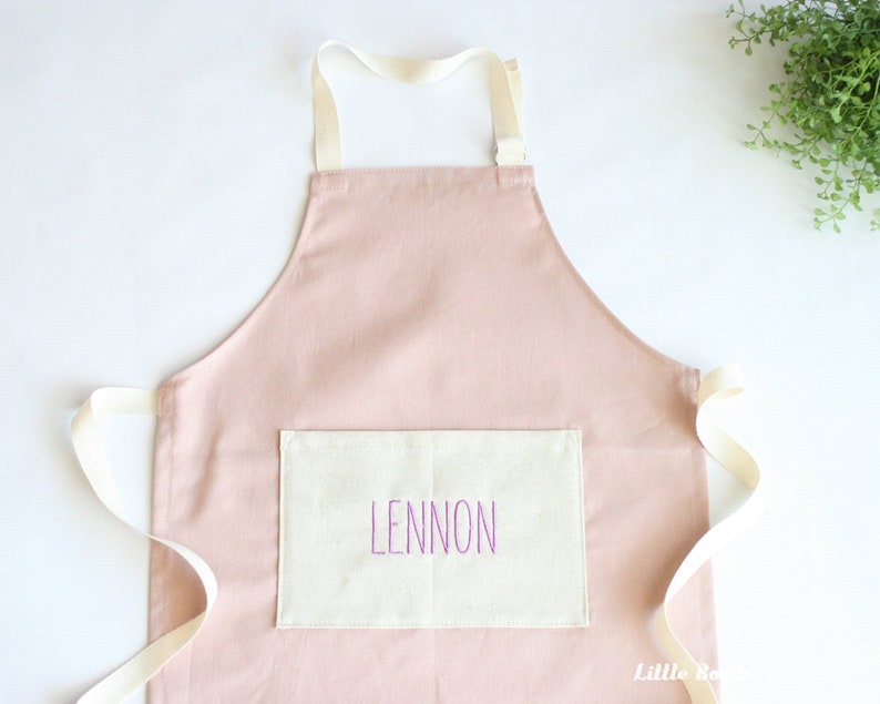 Personalized Kids Apron, Dusty Pink Linen Toddler Apron, Cooking Apron, Pretend Play, Custom Apron, Child Apron with Pocket, Gift for Girl image 1