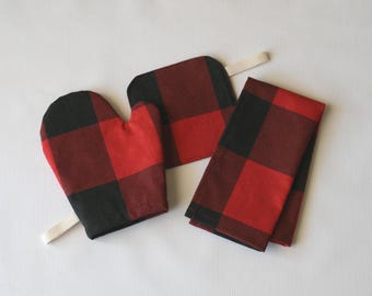 Buffalo Check Red Black Play Oven Mitt & Potholder, Kids Toy Kitchen Accessories, Pretend Play, Gift for Kids, Kids Room Decor
