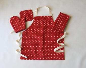 Mini Dot Red White Kitchen Toys, Toddler Apron, Pretend Play, Play Kitchen, Kids Cooking Apron, Birthday Gift for Kids, Christmas Kids Apron