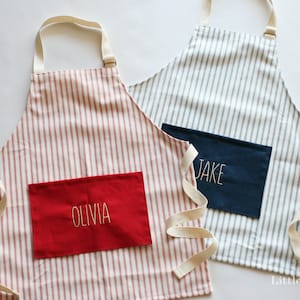 Personalized Kids Stripe Apron, Farmhouse Child Apron, Toddler Apron, Cooking Apron, Pretend Play, Custom Apron, Navy, Red, Gift for Kids