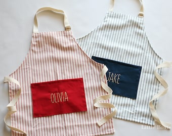 Personalized Kids Stripe Apron, Farmhouse Child Apron, Toddler Apron, Cooking Apron, Pretend Play, Custom Apron, Navy, Red, Gift for Kids