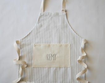 Kids Grey Stripe Apron, Farmhouse Child Apron, Personalized Toddler Apron, Cooking Apron, Pretend Play, Custom Apron, Gift for Kids, Gray