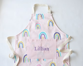Personalized Kids Apron, Rainbow on Pink Apron, Toddler Girl Apron, Cooking Apron, Pretend Play, Custom Apron, Child Apron with Pocket