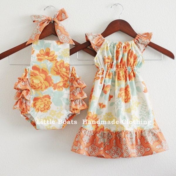 TWO piece Matching Sibling SET - Big sister Flutter Dress and Little sister Sunsuit / Heirloom
