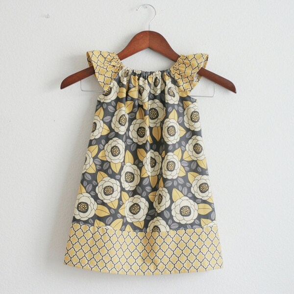 READY TO SHIP 18m - Aviary in yellow and gray Flutter sleeves Dress
