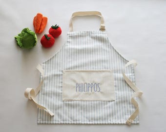 Personalized Kids Apron, Stripe Farmhouse Child Apron, Embroidered Name Apron, Toddler Cooking Apron, Kids Baking Gift, Blue Apron