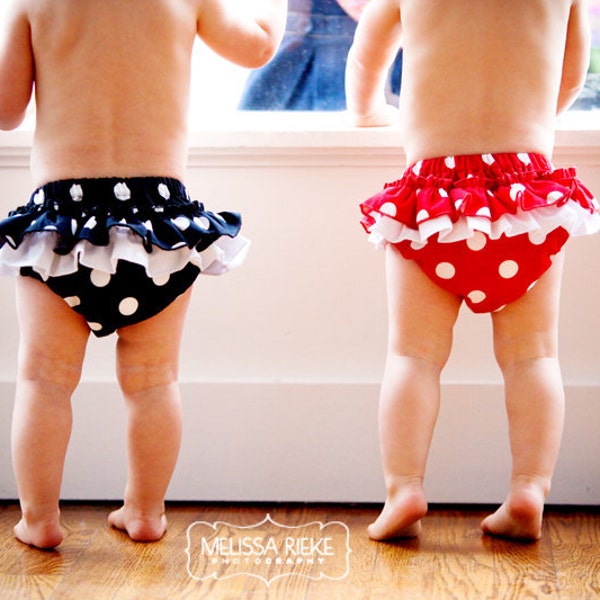 Ruffle Bloomers Diaper cover - White Polka Dot on Black / Sizes 0-3m, 3-6m, 6-12m, 12-18m, 18-24m