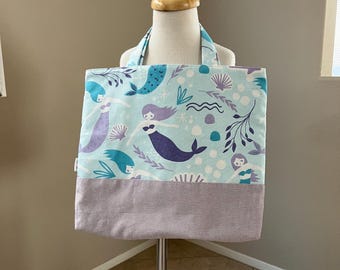 Mermaid Tote Bag, Girls Library Bag, Kids Handbag, Preschool Tote, Back to School, Birthday Gift For Girls, Handmade Tote